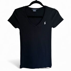 Ralph Lauren Sport Black V-Neck Tee with White Logo Sz S